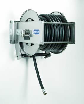 [9525+28818] Spring driven stainless steel hose reel with diesel hose, length 18 m, Ø 3/4 in., heavy duty series, FLEXBIMEC (9525+28818)