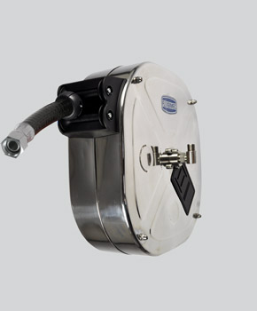 [9546+28808] Spring driven stainless steel hose reel with diesel hose, length 8 m, Ø 3/4 in., enclosed series, FLEXBIMEC (9546+28808)