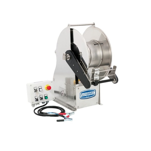 [GXSGA52191] Nerūsējošā tērauda (AISI 304) motorizētais šļūtenes uztinējs GEMINI sērija bez piedziņas bloka maks. 18 m Ø1 collu šļūtenēm - disks 540 mm - spoles platums 195 mm - cilindrs 250 mm - ar šļūtenes vadotni (bez šļūtenes), FLEXBIMEC (GXSGA52191)