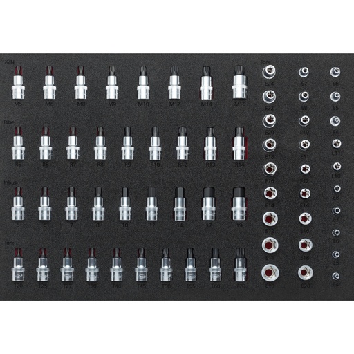 [V2837] Socket set ∙ size 5 – 19 mm · E4 – E24 · M6 – 16 mm · T20 – T70 ∙ 64 pieces (V2837, VIGOR)
