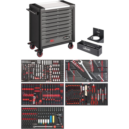[V4481-X/466] Tool trolley Series XL, stainless steel worktop, with assortment, 466 pieces (V4481-X/466, VIGOR)