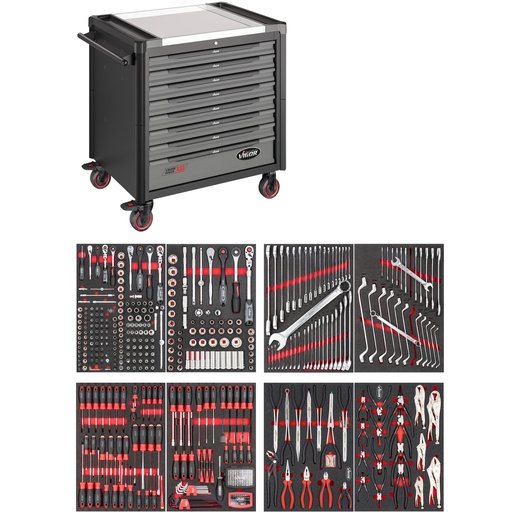[V4481-XD/469] Instrumentu ratiņi XD sērija, īpaši dziļi, nerūsējošā tērauda darba virsma, ar instrumentu komplektu, 469 gab. (V4481-XD/469, VIGOR)