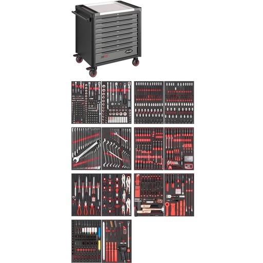 [V4481-XD/775] Tool trolley Series XD, extra deep, stainless steel worktop, with assortment, 775 pieces (V4481-XD/775, VIGOR)