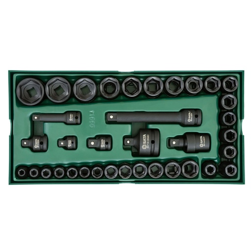 [S09914] ⬡ Padėklas. Smūginių galvučių rinkinys 3/8" + 1/2" 13 vnt. (S09914, SATA)