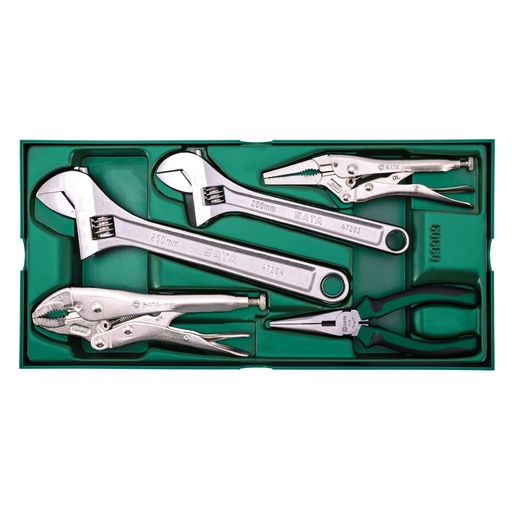 [S09909] ⬡ Tray. Adjustable wrench and pliers set 5pcs. (S09909, SATA)