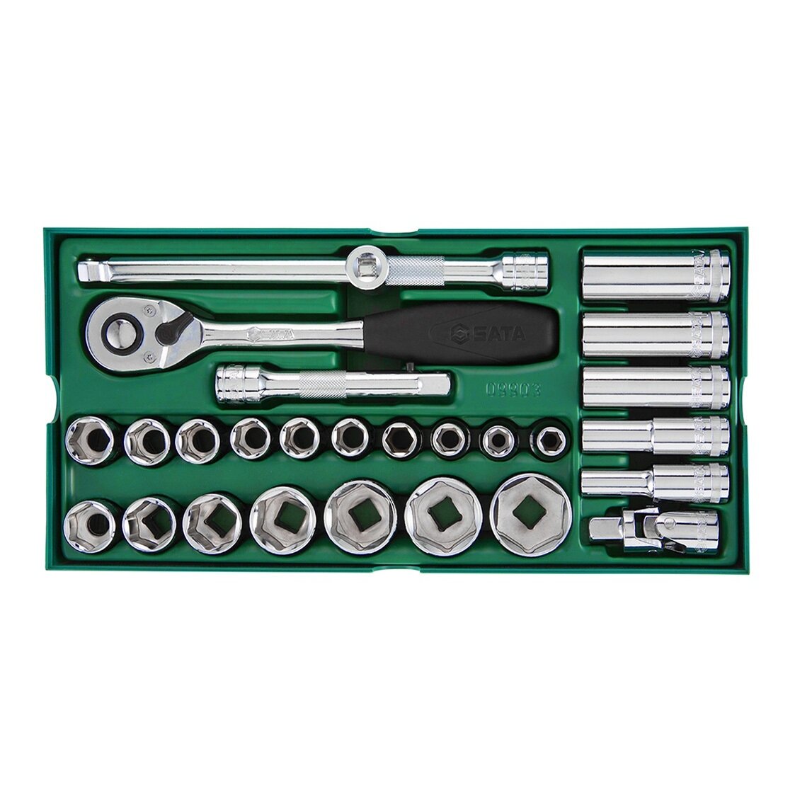 ⬡ Padėklas. Galvučių rinkinys 1/2" 27 vnt. (S09903, SATA)