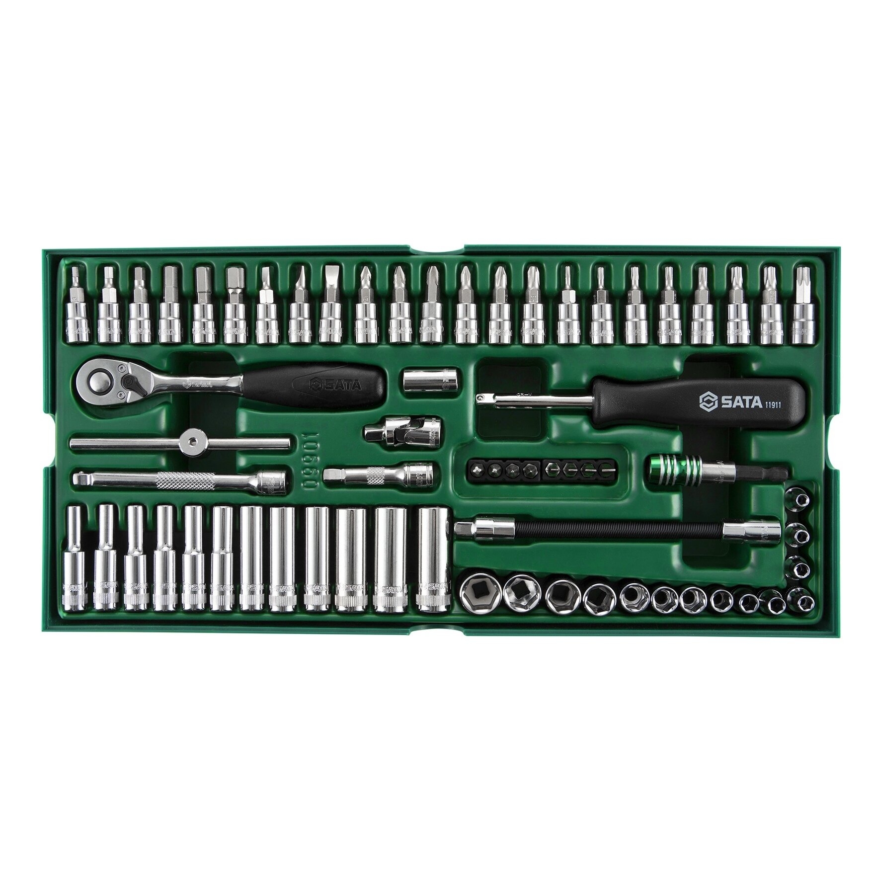 ⬡ Padėklas. Galvučių rinkinys 1/4" 66 vnt. (S09901, SATA)