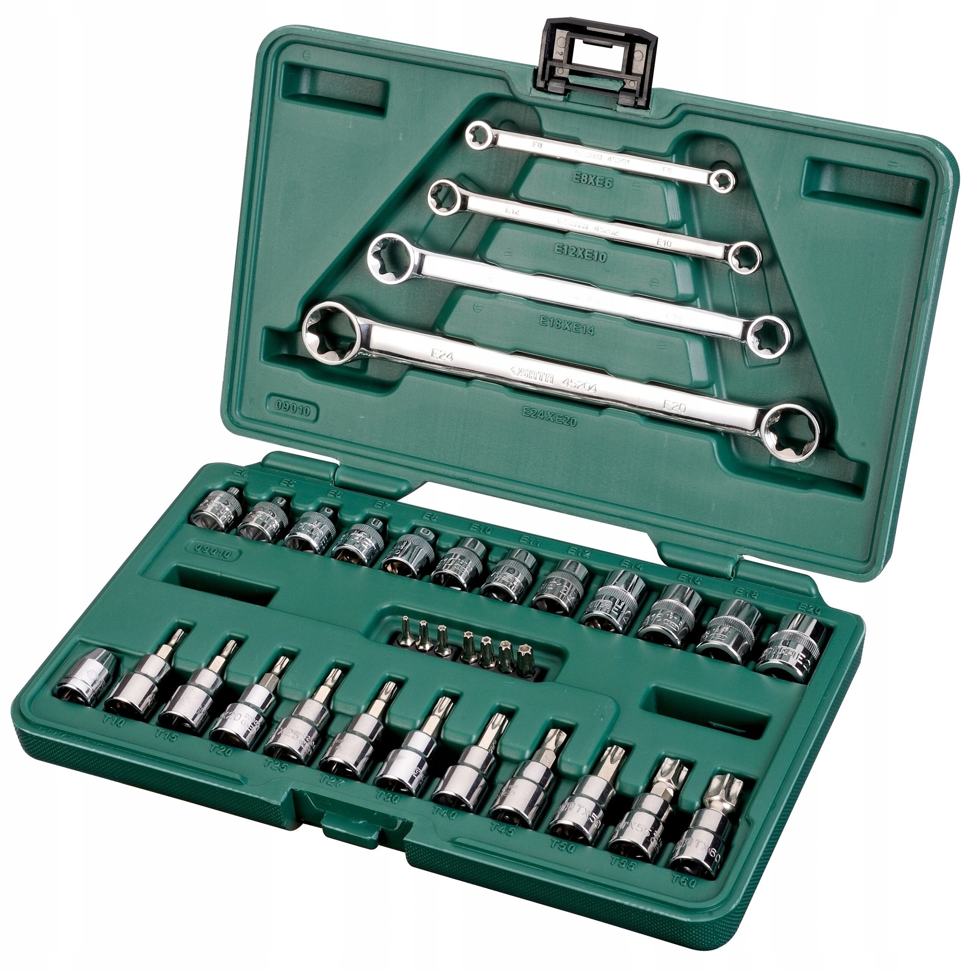 ⬡ 1/4" + 3/8" E-TORX ir TORX galvučių rinkinys (35 vnt.) (S09010, SATA)
