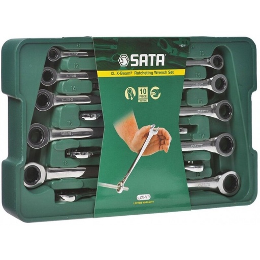 [S08016] ⬡ Kombinuotų terkšlinių raktų rinkinys X-Beam 10 vnt. (8-19) (S08016, SATA)
