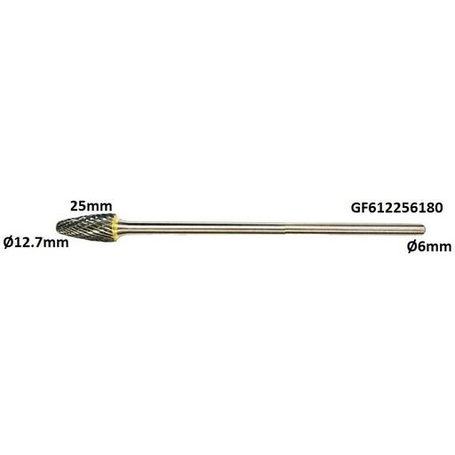 [GF612256180] ⬡ Long carbide rotary burr shape F nosed tree (RBF) Ø12.7 x 25mm (GF612256180)