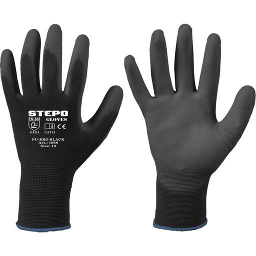 [1808BLACK11] ⬡ Work gloves coated PU-EKO Black 11 (XXL) Black (1808BLACK11)