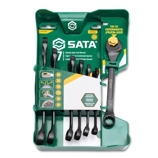 [ST47530] ⬡ Metric X6 open end ratcheting combination wrench set 7pcs (8-17mm) black (ST47530, SATA)