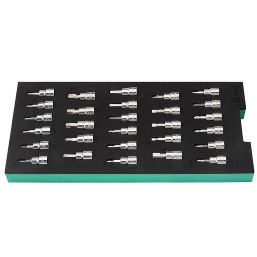 [ST09006G] ⬡ Dėklas. 3/8'' galvučių su antgaliais rinkinys 28 vnt. (pl./PH/PZ/HEX/torx) (ST09006G, SATA)
